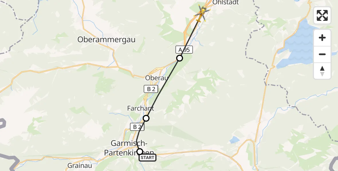 Flugroute Rettungshubschrauber Garmisch-Partenkirchen Clinic Hubschrauberlandeplatz - Ohlstadt, 25 Juli 2026, 15:34