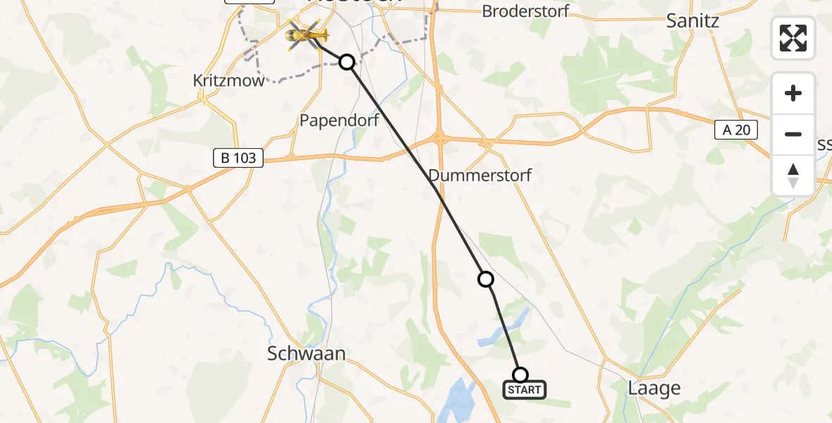 Flugroute Rettungshubschrauber Flughafen Rostock-Laage - Rostock, 25 Juli 2026, 15:35