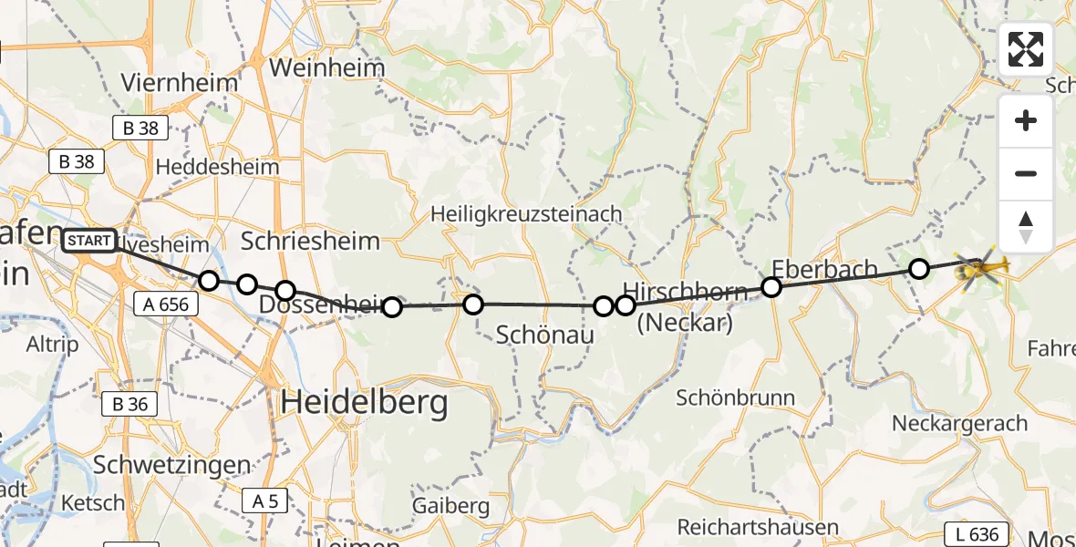 Flugroute Rettungshubschrauber Mannheim-City Flughafen - Waldbrunn, 25 Juli 2026, 15:37