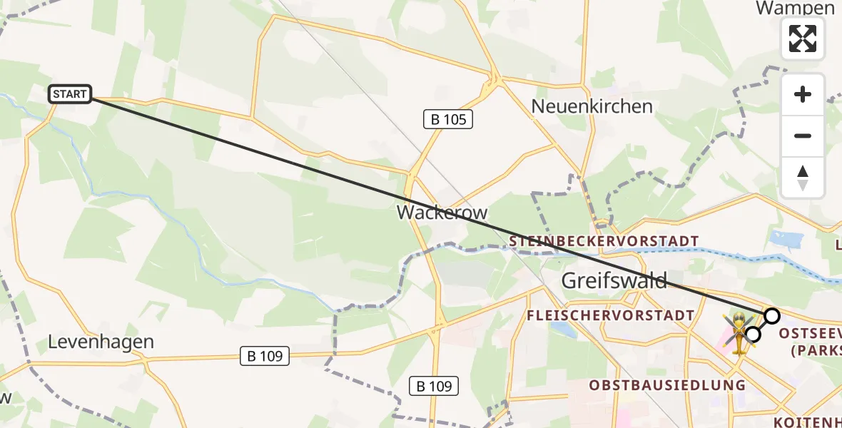 Flugroute Ambulanzhubschrauber Wackerow - Greifswald Hospital, 25 Juli 2026, 15:37