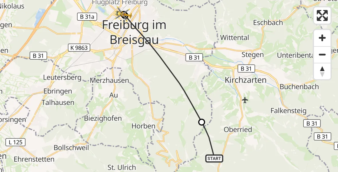 Flugroute Ambulanzhubschrauber Oberried - Freiburg University Hospital Heliport 1, 25 Juli 2026, 15:44