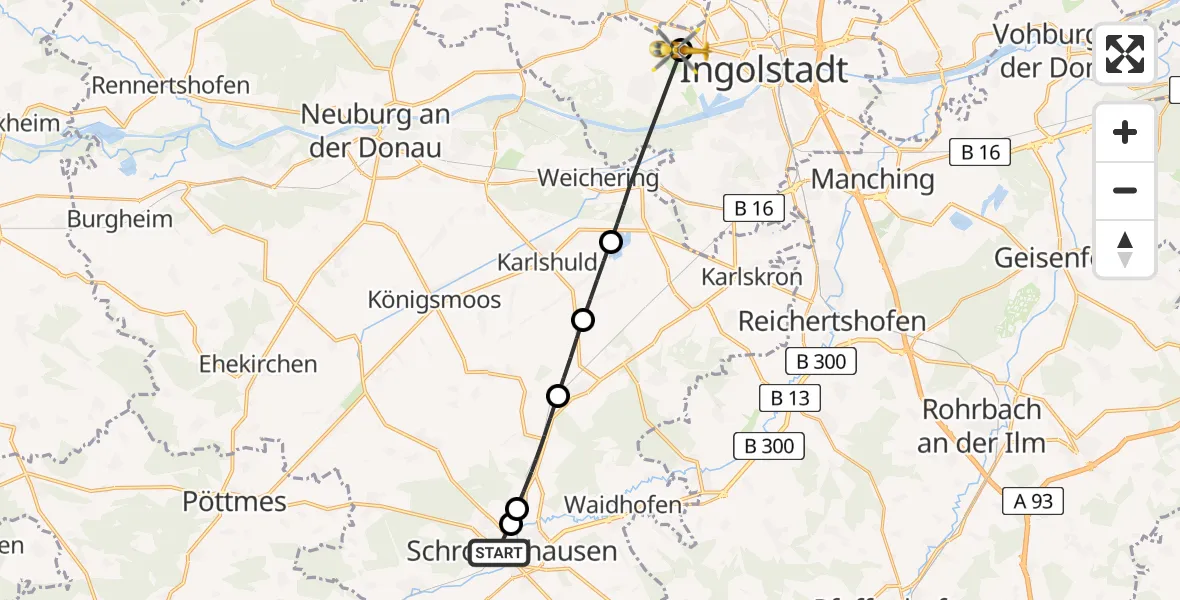 Flugroute Rettungshubschrauber Schrobenhausen - Ingolstadt Hospital, 25 Juli 2026, 15:47