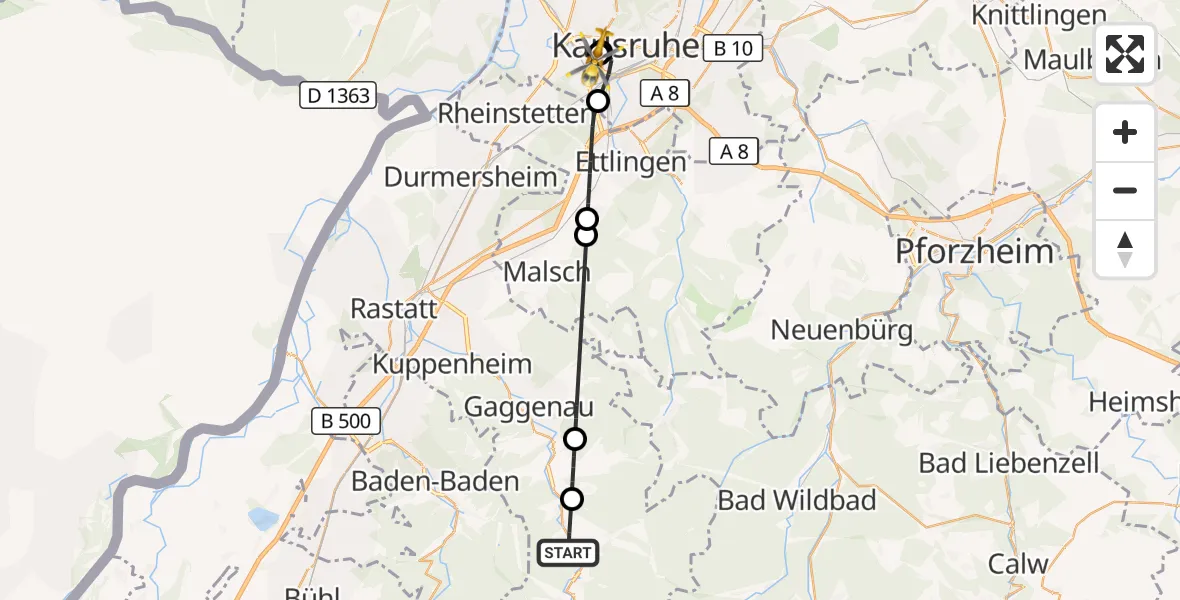 Flugroute Ambulanzhubschrauber Weisenbach - Sankt Vincentius Hospital, 25 Juli 2026, 15:50