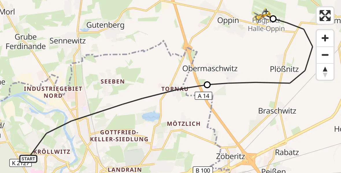 Flugroute Rettungshubschrauber Halle (Saale) - Halle-Oppin Flugplatz, 25 Juli 2026, 15:55