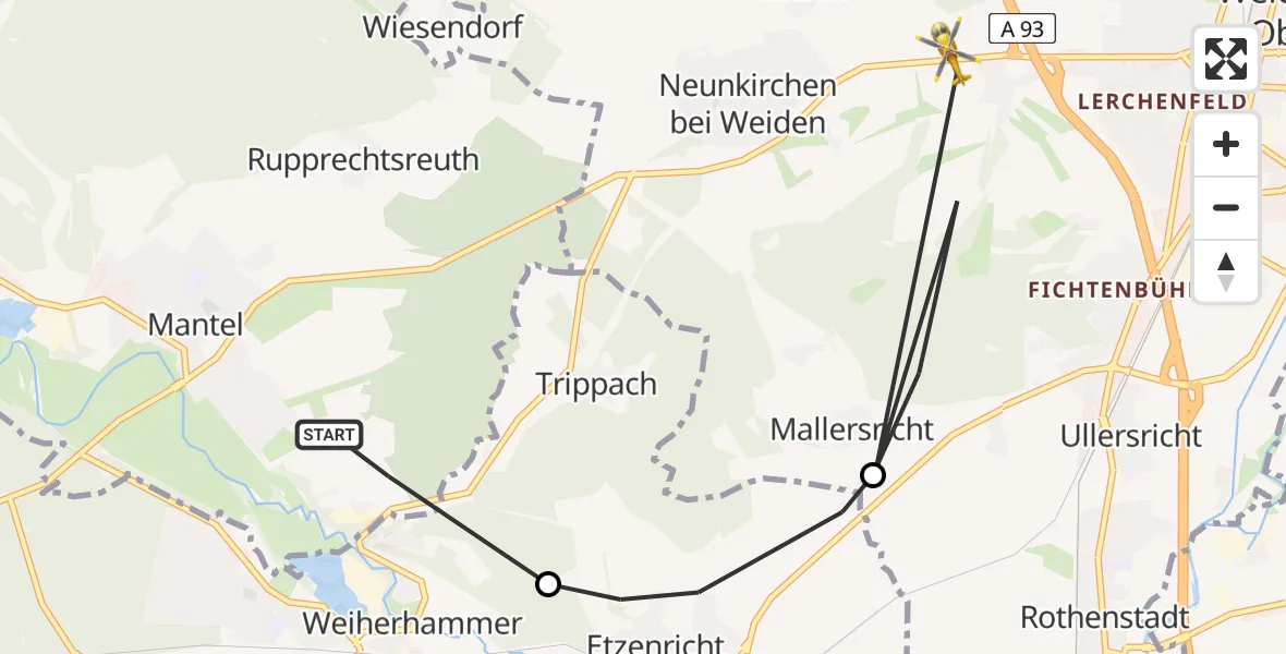 Flugroute Ambulanzhubschrauber Mantel - Weiden i.d.OPf., 25 Juli 2026, 15:55