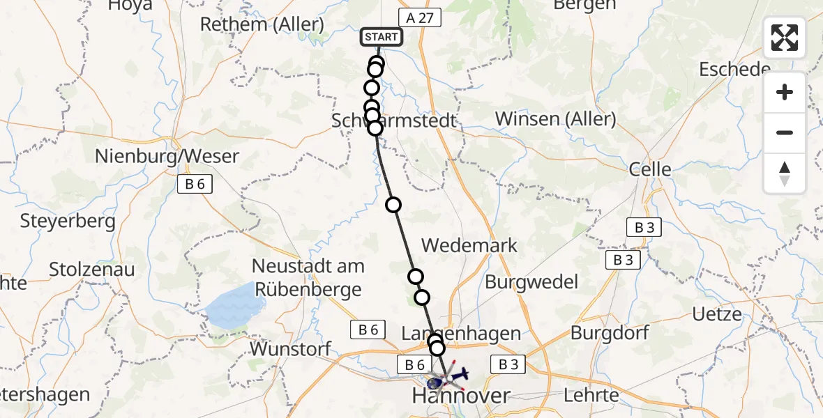Flugroute Polizeihubschrauber Hodenhagen - Hannover, 25 Juli 2026, 16:00