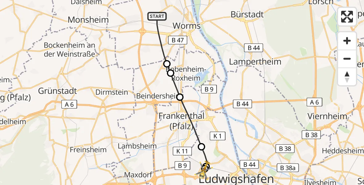 Flugroute Rettungshubschrauber Worms - Ludwigshafen Accident Hospital, 25 Juli 2026, 16:08