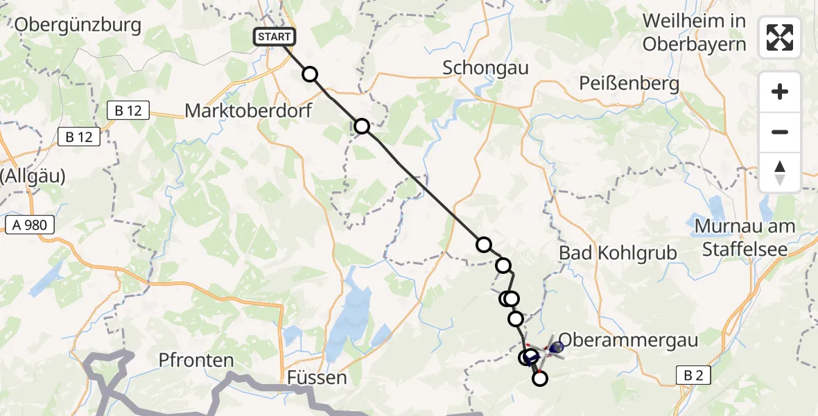 Flugroute Polizeihubschrauber Biessenhofen - Ettaler Forst, 25 Juli 2026, 16:08