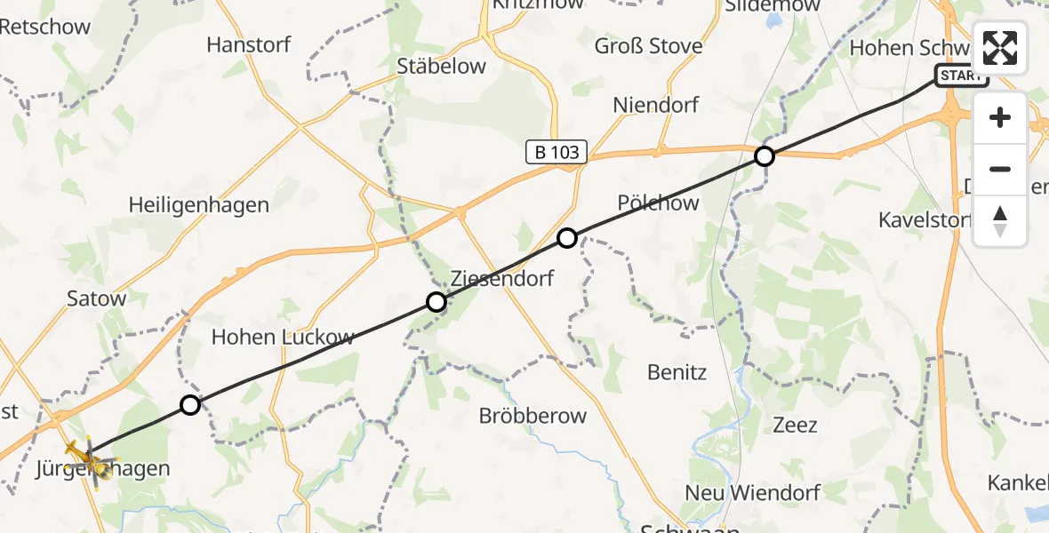 Flugroute Ambulanzhubschrauber Dummerstorf - Jürgenshagen, 25 Juli 2026, 16:09