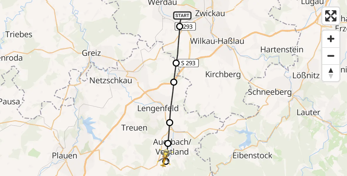 Flugroute Rettungshubschrauber Werdau - Ellefeld, 25 Juli 2026, 16:09