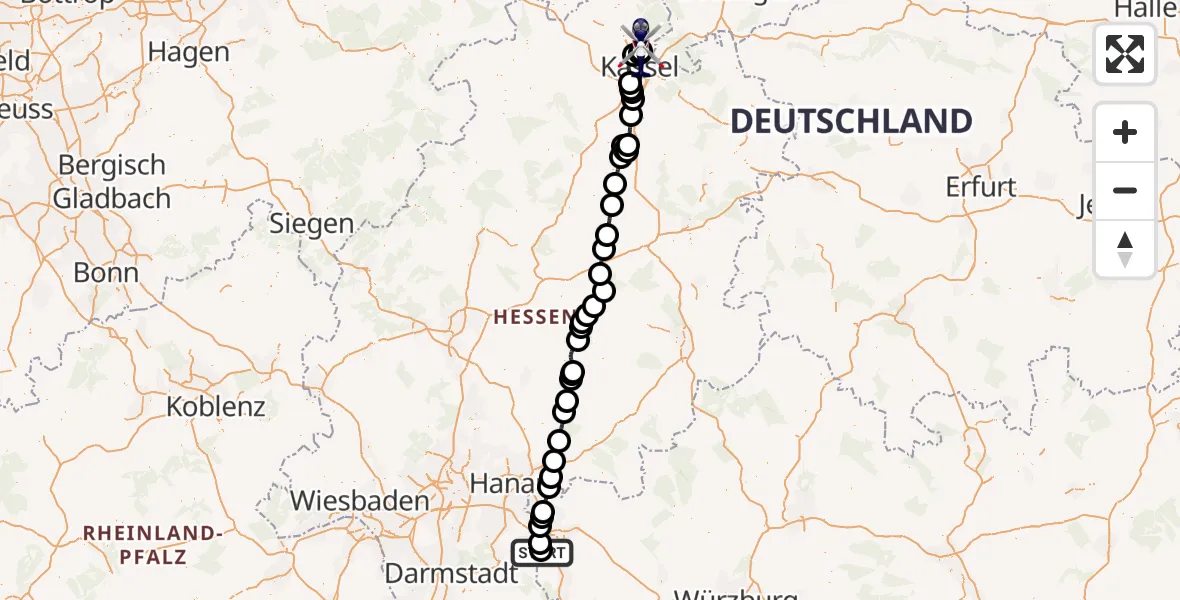 Flugroute Polizeihubschrauber Flugplatz Aschaffenburg - Fuldatal Bundespolizei Hubschrauberlandeplatz, 25 Juli 2026, 16:15