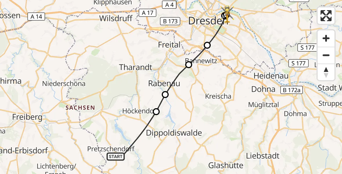 Flugroute Rettungshubschrauber Klingenberg - Dresden University Hospital, 25 Juli 2026, 16:15
