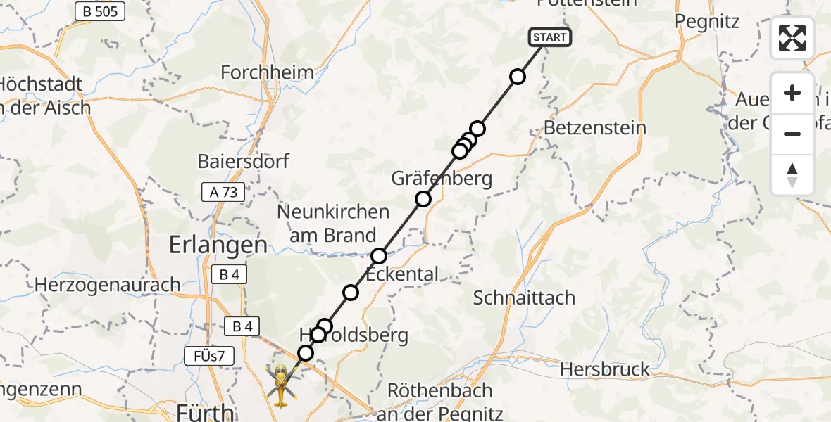 Flugroute Ambulanzhubschrauber Gößweinstein - Flughafen Nuremberg, 25 Juli 2026, 16:20
