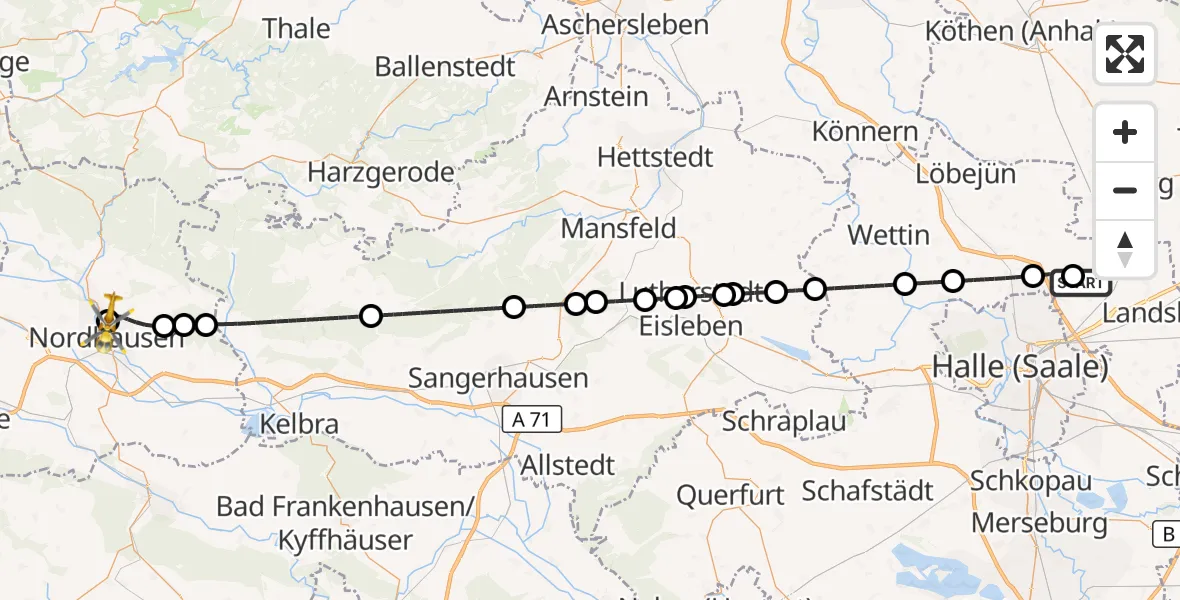 Flugroute Rettungshubschrauber Halle-Oppin Flugplatz - Südharz Hospital Nordhausen, 25 Juli 2026, 16:22