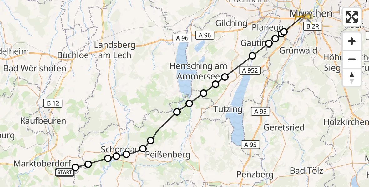 Flugroute Rettungshubschrauber Stötten a.Auerberg - München, 25 Juli 2026, 16:24