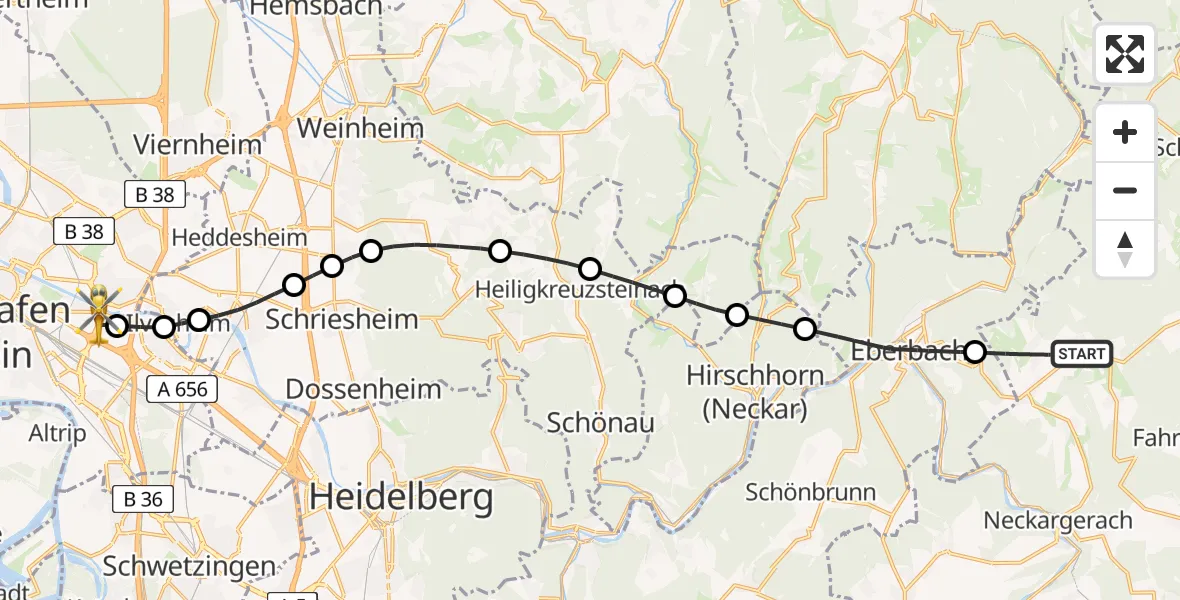 Flugroute Rettungshubschrauber Waldbrunn - Mannheim-City Flughafen, 25 Juli 2026, 16:26