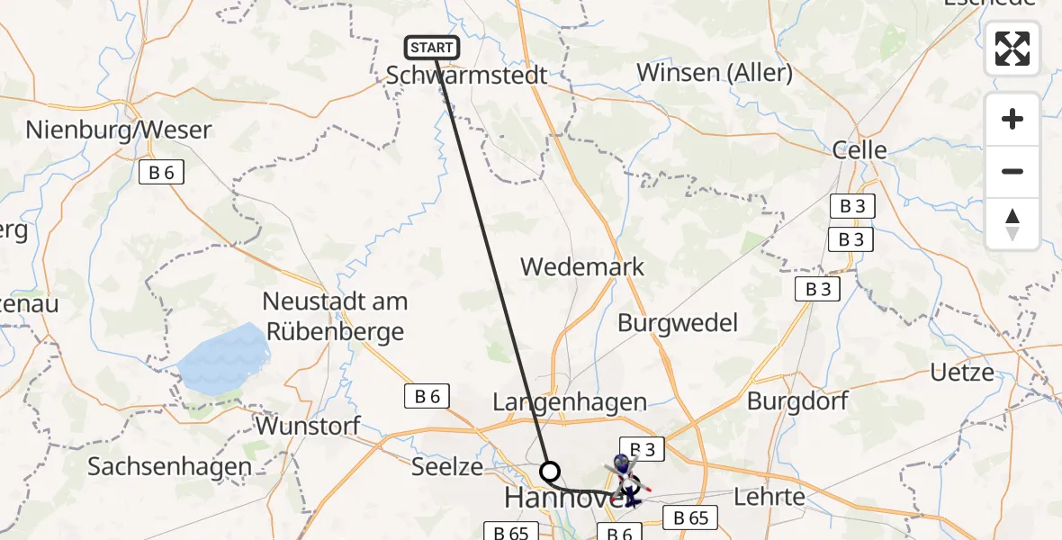Flugroute Polizeihubschrauber Gilten - Hannover Luftrettung Hubschrauberlandeplatz (Christoph 4), 25 Juli 2026, 16:29