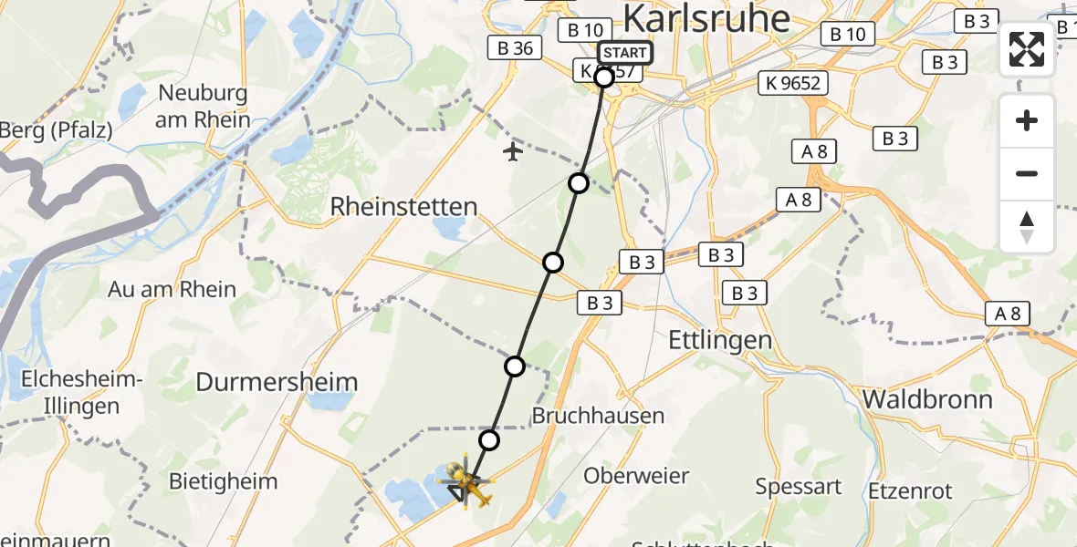 Flugroute Ambulanzhubschrauber Sankt Vincentius Hospital - Malsch, 25 Juli 2026, 16:29