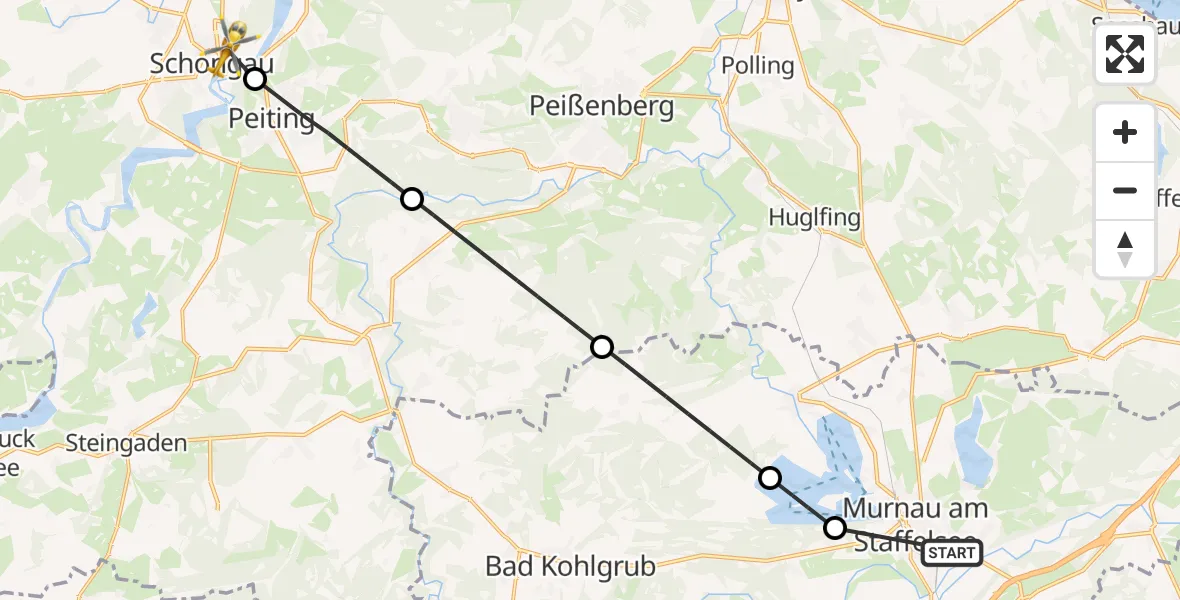 Flugroute Rettungshubschrauber Murnau Accident Hospital - Schongau, 25 Juli 2026, 16:35