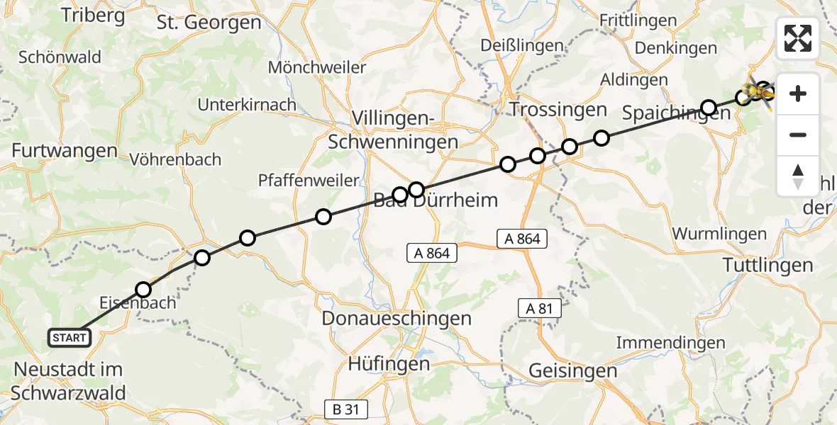 Flugroute Ambulanzhubschrauber Titisee-Neustadt - Mahlstetten, 25 Juli 2026, 16:35