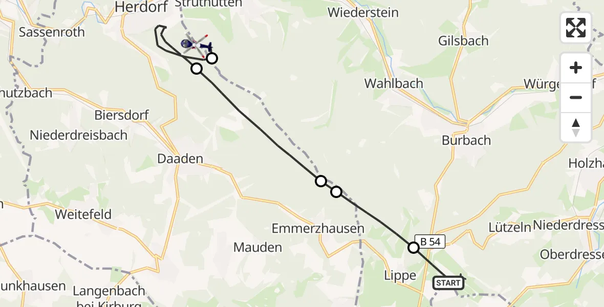 Flugroute Polizeihubschrauber Siegerland Flughafen - Herdorf, 25 Juli 2026, 16:35