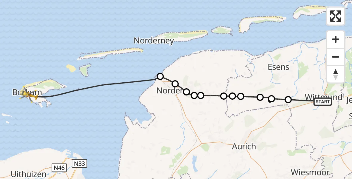 Flugroute Ambulanzhubschrauber Wittmund - Borkum Island Hospital Hubschrauberlandeplatz, 25 Juli 2026, 16:37