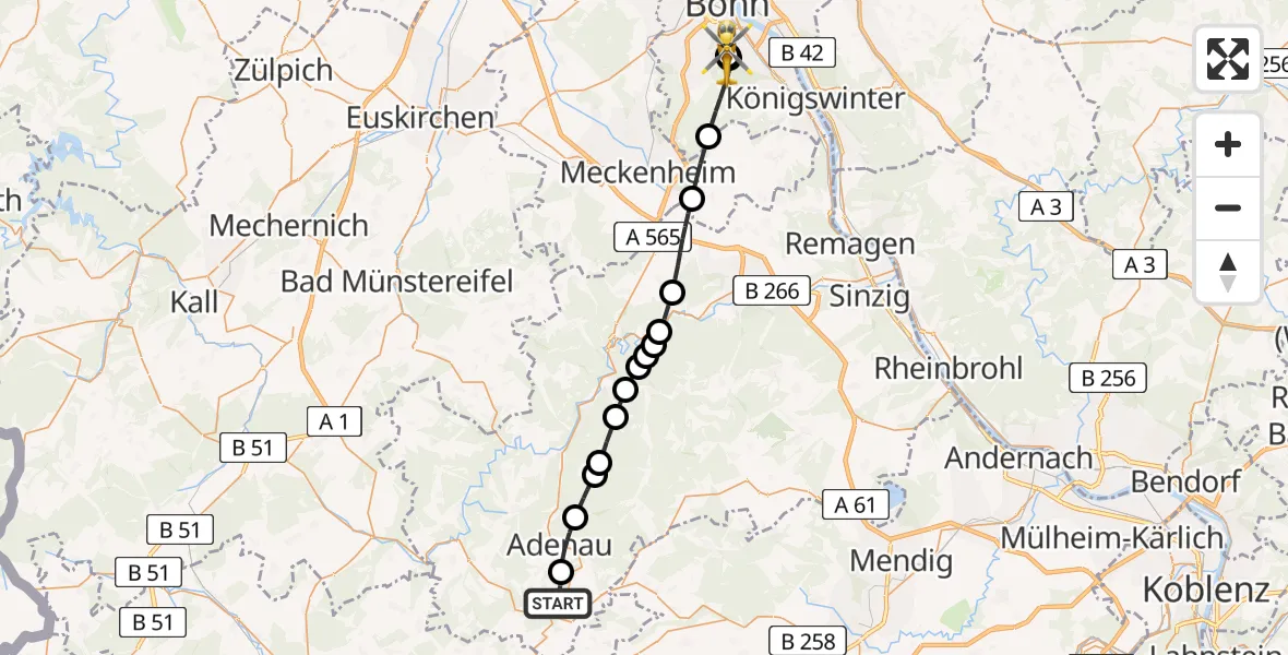 Flugroute Rettungshubschrauber Quiddelbach - Bonn University Hospital, 25 Juli 2026, 16:42