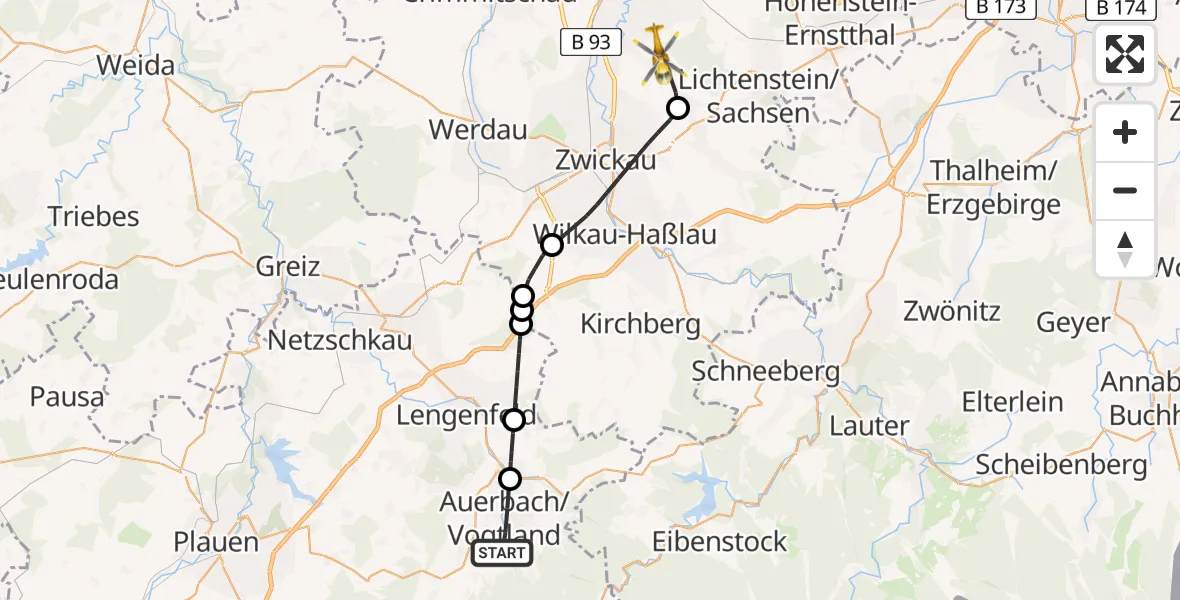 Flugroute Rettungshubschrauber Auerbach/Vogtl. - Mülsen, 25 Juli 2026, 16:45