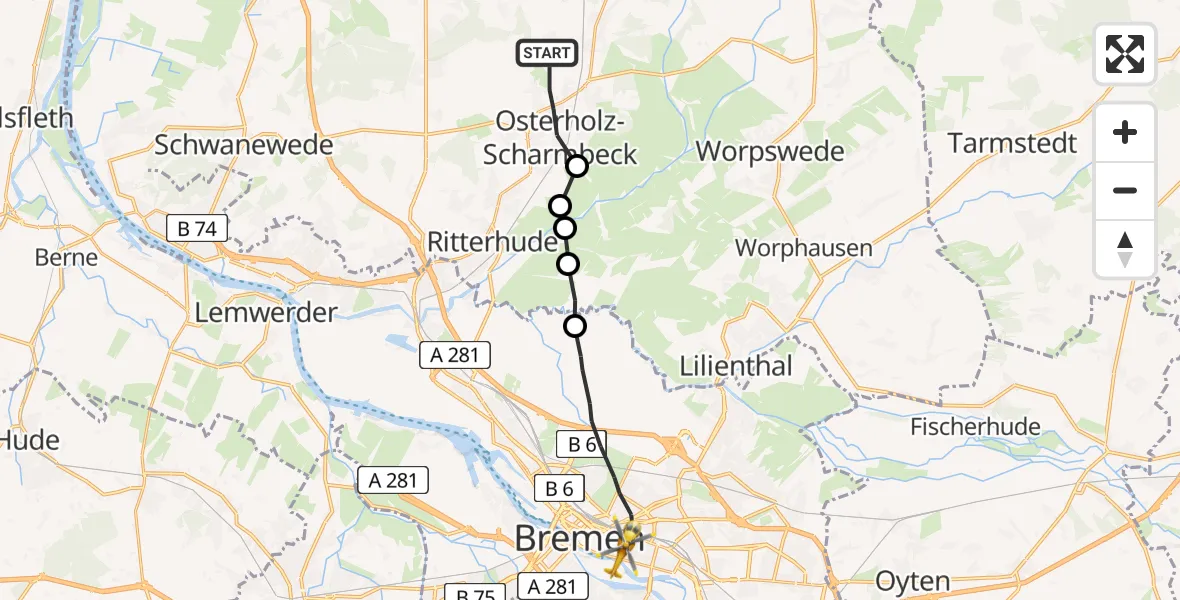 Flugroute Rettungshubschrauber Osterholz-Scharmbeck - Bremen, 25 Juli 2026, 16:46
