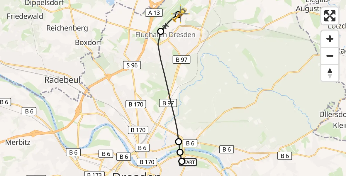 Flugroute Rettungshubschrauber Dresden University Hospital - Dresden Bundespolizei Hubschrauberlandeplatz, 25 Juli 2026, 16:47