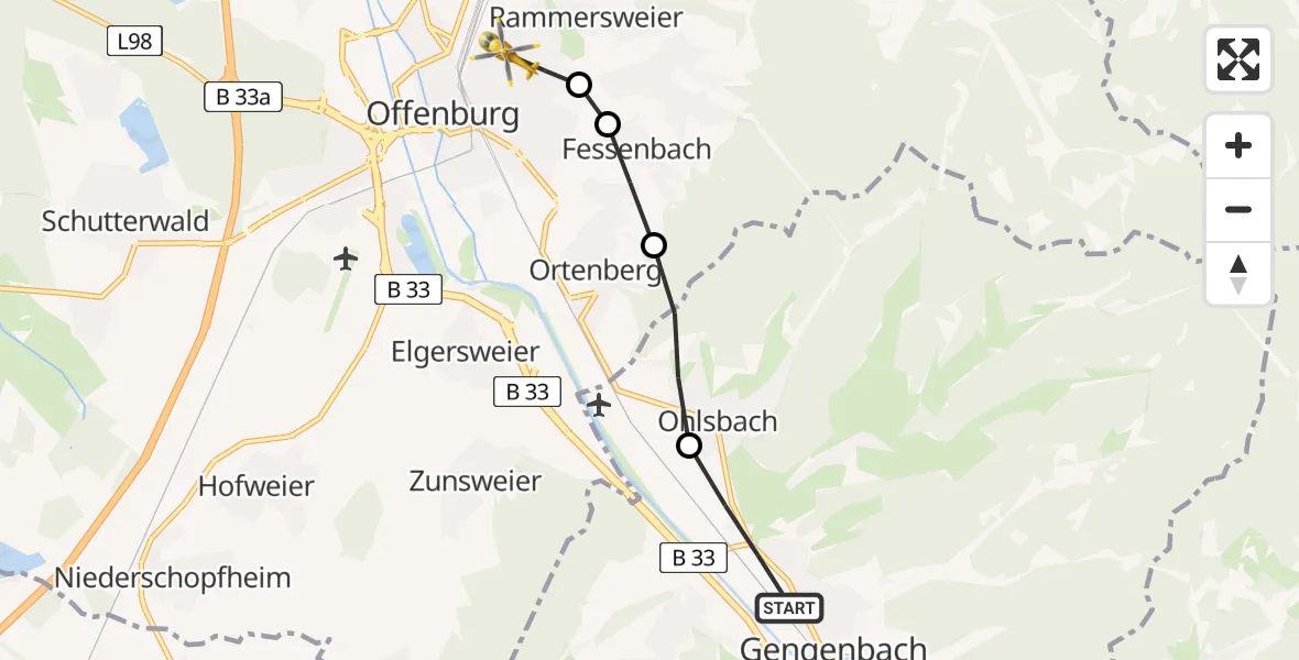 Flugroute Rettungshubschrauber Gengenbach - Offenburg, 25 Juli 2026, 16:47