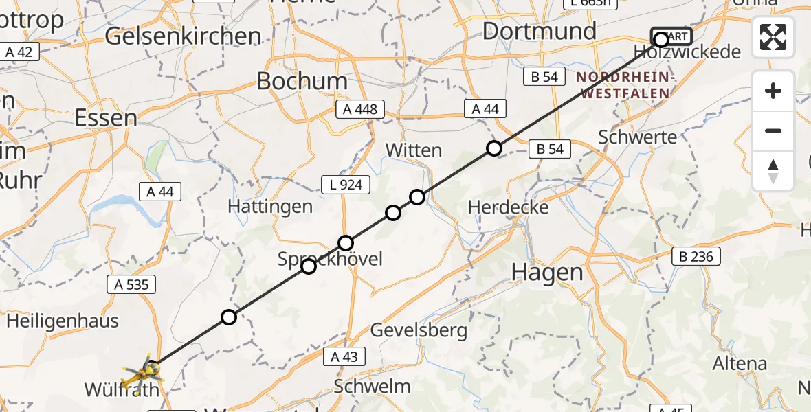 Flugroute Rettungshubschrauber Dortmund Flughafen - Wülfrath, 25 Juli 2026, 16:49