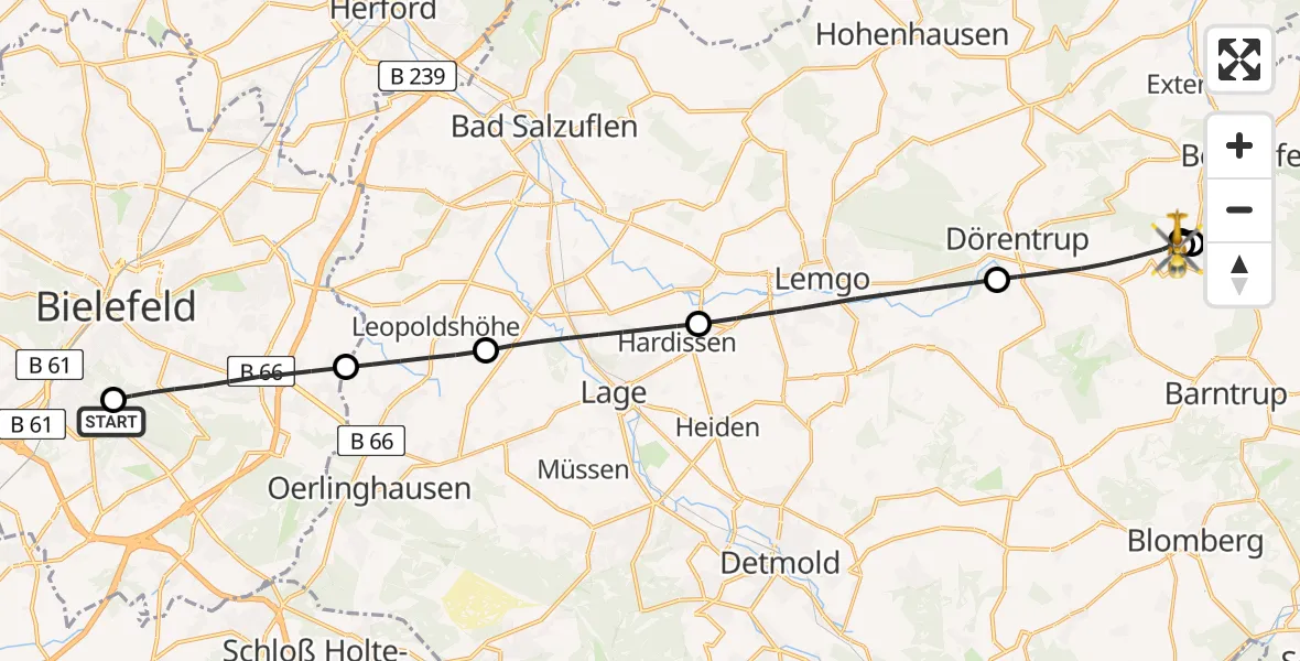Flugroute Rettungshubschrauber Luftrettungszentrum Bielefeld - Extertal, 25 Juli 2026, 16:49