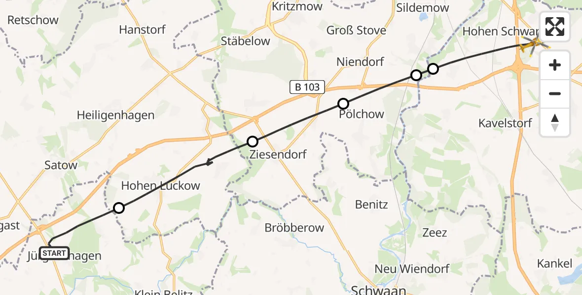 Flugroute Ambulanzhubschrauber Jürgenshagen - Dummerstorf, 25 Juli 2026, 16:53