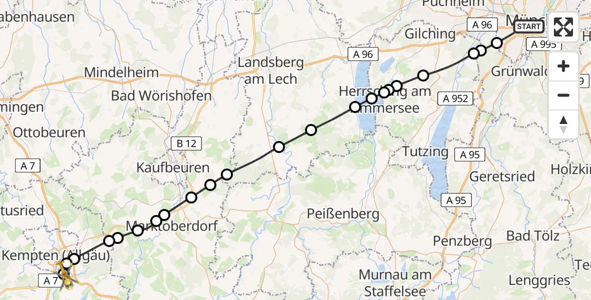 Flugroute Rettungshubschrauber München - Kempten-Durach Flugplatz, 25 Juli 2026, 16:59
