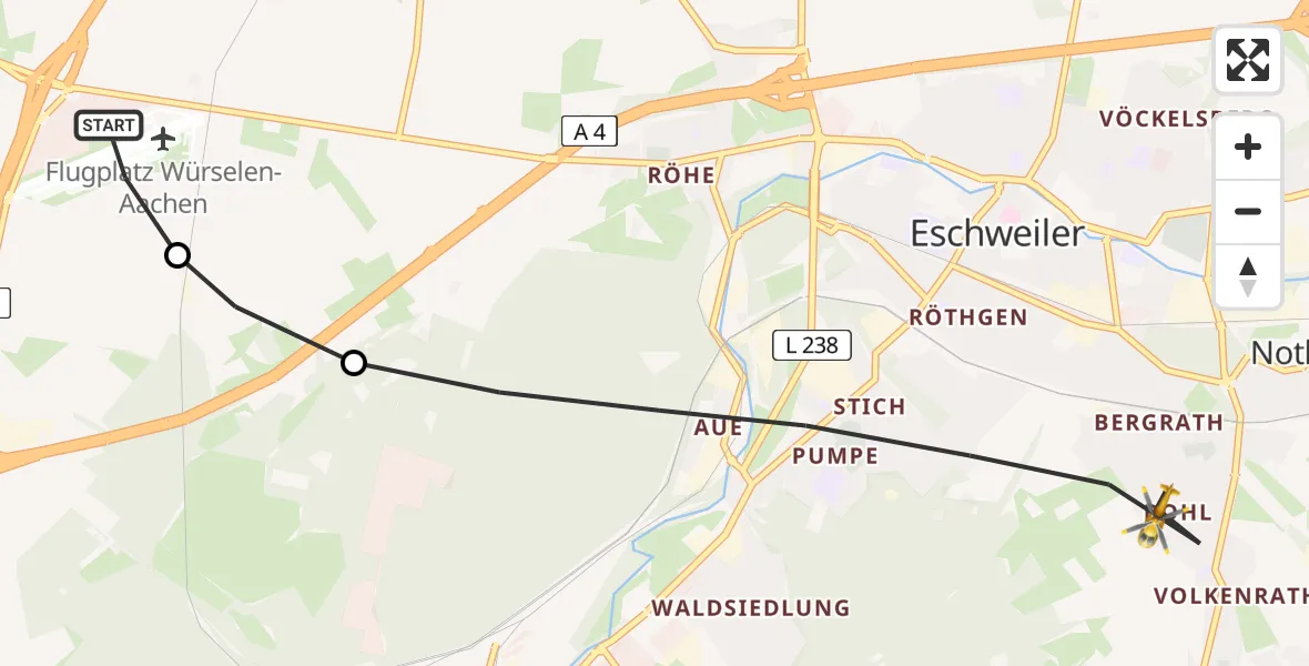 Flugroute Rettungshubschrauber Aachen-Merzbrück Flughafen - Eschweiler, 25 Juli 2026, 17:03