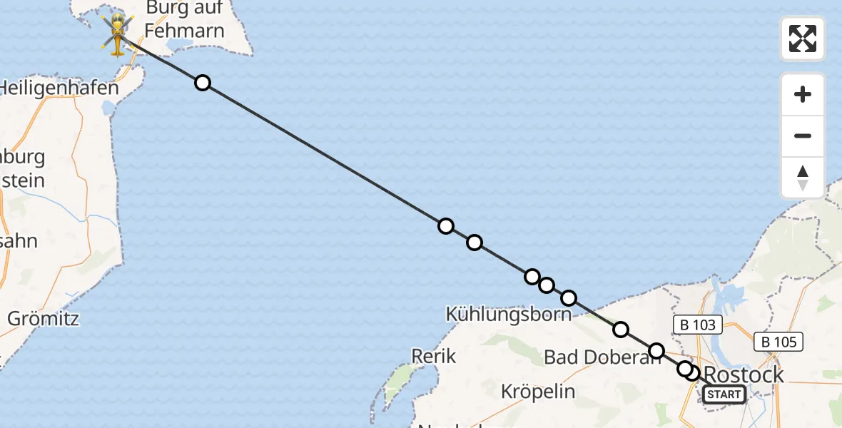 Flugroute Rettungshubschrauber Rostock - Fehmarn, 25 Juli 2026, 17:06