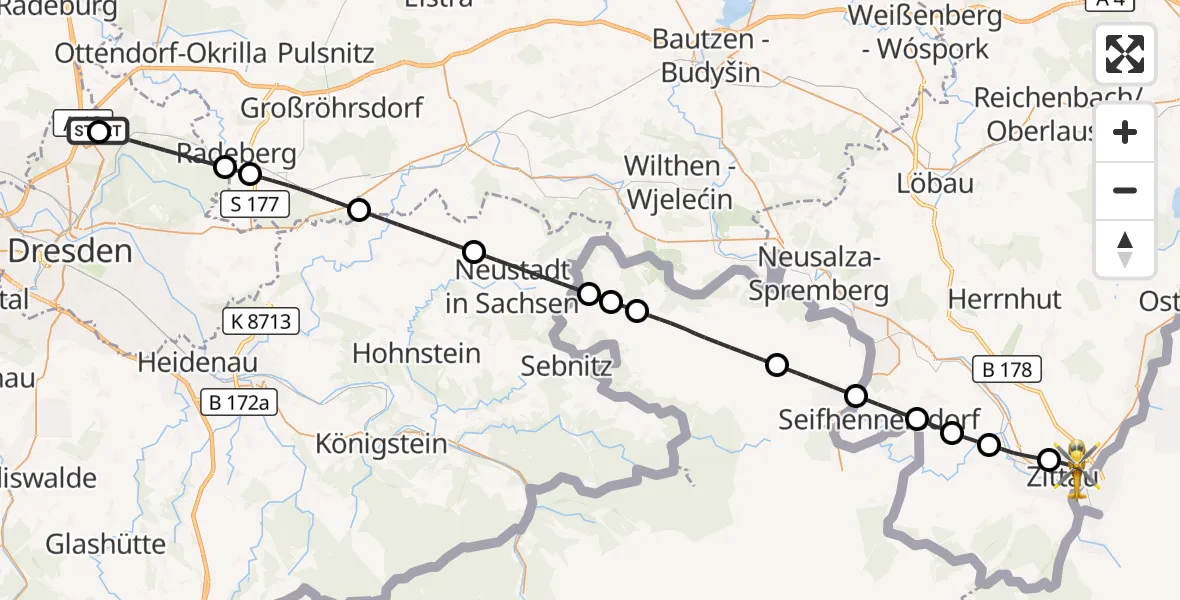 Flugroute Rettungshubschrauber Dresden Flughafen - Zittau, 25 Juli 2026, 17:06
