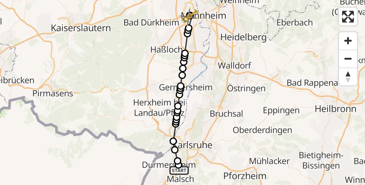Flugroute Ambulanzhubschrauber Malsch - Ludwigshafen Accident Hospital, 25 Juli 2026, 17:06