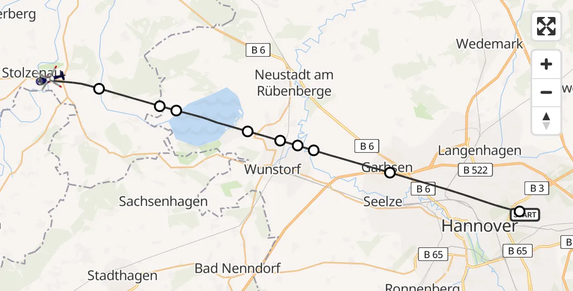 Flugroute Polizeihubschrauber Hannover Luftrettung Hubschrauberlandeplatz (Christoph 4) - Leese, 25 Juli 2026, 17:10
