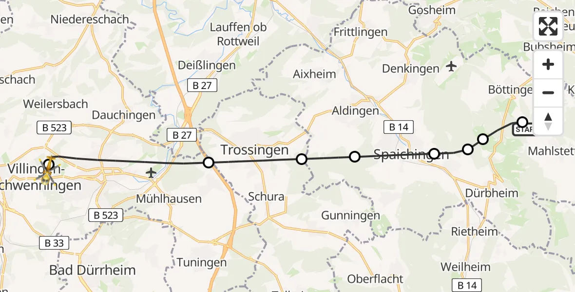Flugroute Ambulanzhubschrauber Mahlstetten - DRF Air Rescue Station Villingen-Schwenningen Hubschrauberlandeplatz (Christoph 11), 25 Juli 2026, 17:14