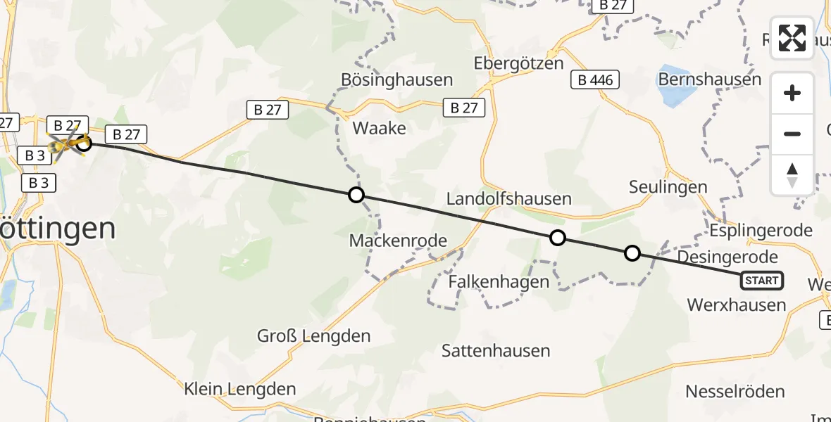 Flugroute Rettungshubschrauber Duderstadt - Göttingen University Clinic Hubschrauberlandeplatz, 25 Juli 2026, 17:15