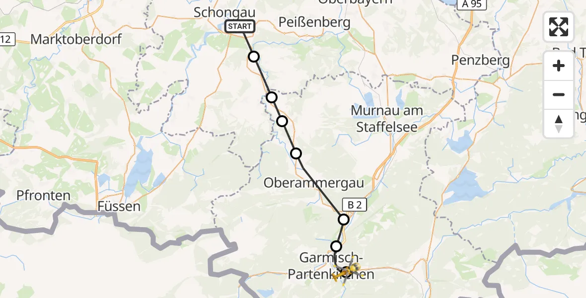 Flugroute Rettungshubschrauber Peiting - Garmisch-Partenkirchen Clinic Hubschrauberlandeplatz, 25 Juli 2026, 17:16