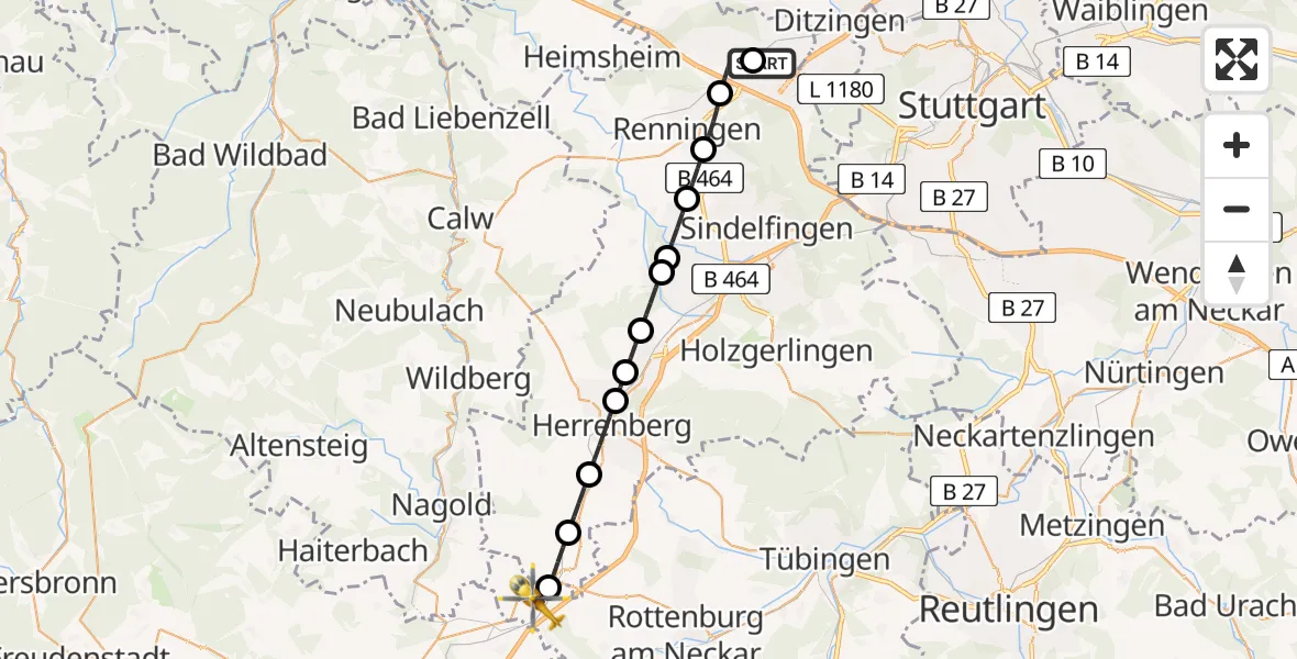 Flugroute Rettungshubschrauber Leonberg Hospital - Rottenburg am Neckar, 25 Juli 2026, 17:20