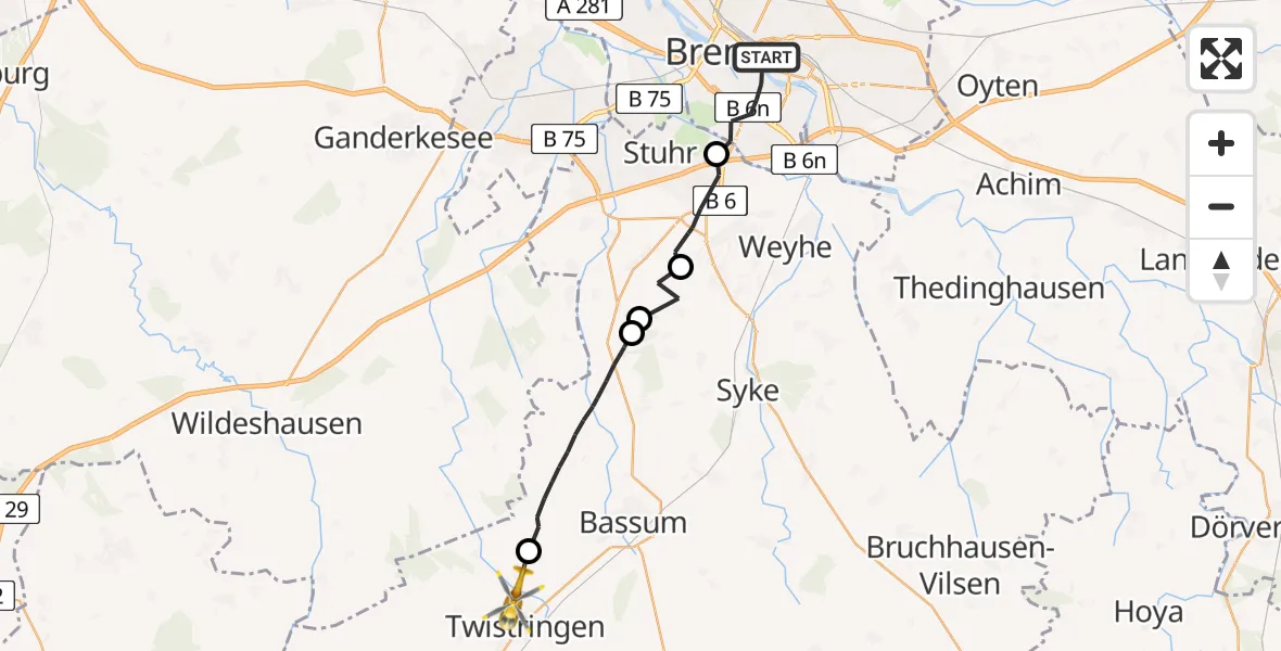 Flugroute Rettungshubschrauber Bremen - Twistringen, 25 Juli 2026, 17:20