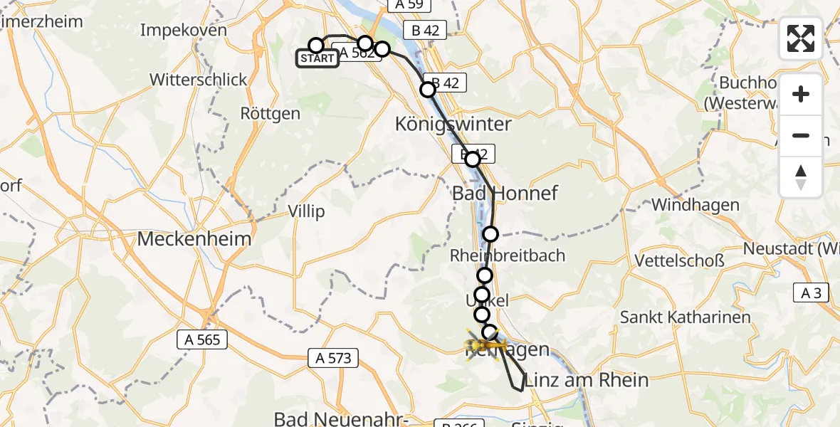 Flugroute Rettungshubschrauber Bonn University Hospital - Remagen, 25 Juli 2026, 17:27