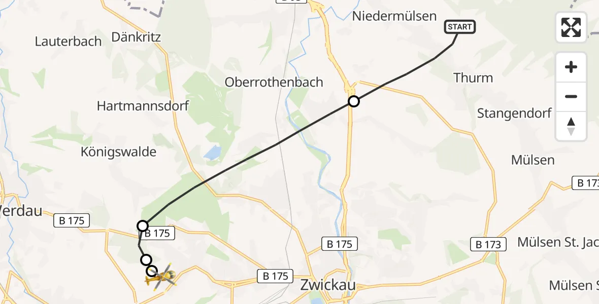 Flugroute Rettungshubschrauber Mülsen - ADAC Air Rescue Station Zwickau Hubschrauberlandeplatz, 25 Juli 2026, 17:31