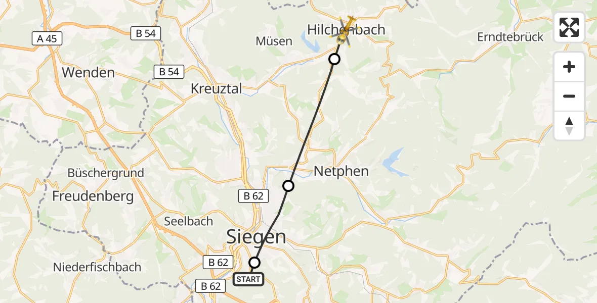 Flugroute Rettungshubschrauber Evangelisches Jung-Stilling Hospital - Hilchenbach, 25 Juli 2026, 17:36