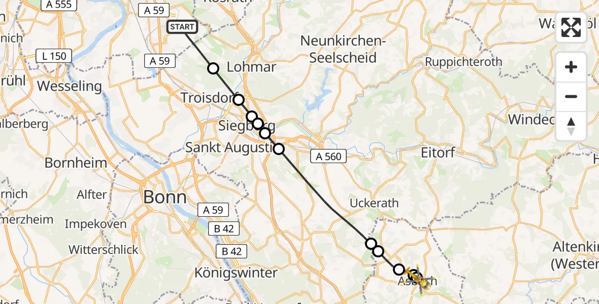 Flugroute Ambulanzhubschrauber Köln Bonn Flughafen - DRK Kamillus Hospital Asbach, 25 Juli 2026, 17:40