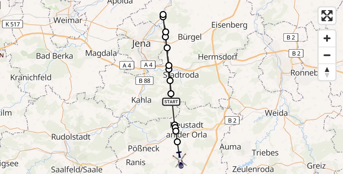 Flugroute Polizeihubschrauber Trockenborn-Wolfersdorf - Weira, 25 Juli 2026, 17:43
